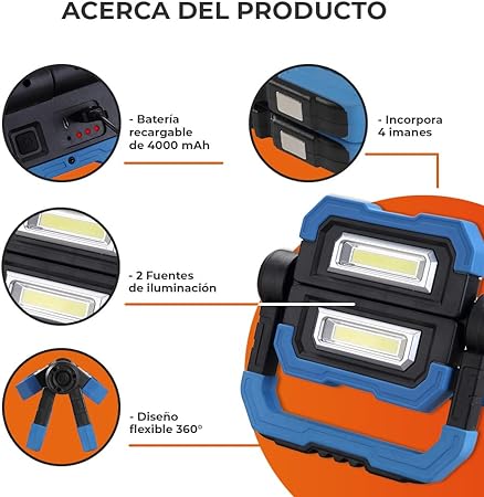 Lámpara de Trabajo Recargable Magnética 10W - Luz de Día, 4 Modos de Luz - Función Power Bank