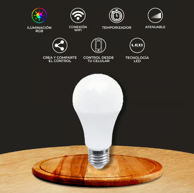 Foco LED Inteligente A19 WiFi 8 W, Luz RGB + Blanca